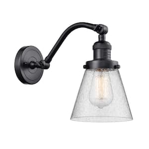 Cone 6.5 in. 1-Light Matte Black Wall Sconce with Seedy Glass Shade