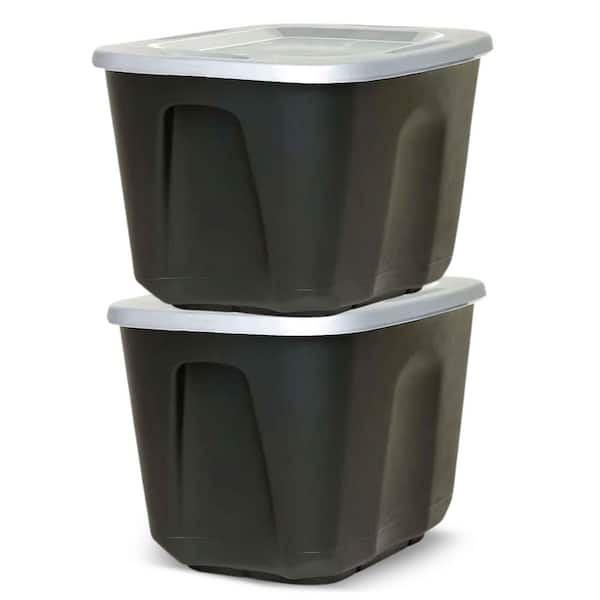 10 gal. Durable Molded Plastic Storage Bin with Lid in Black and Silver (2-Pack)