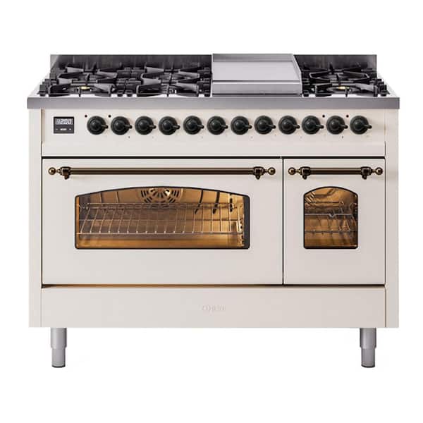 Nostalgie II 48 in. Dual Fuel Natural Gas Range with 8 Burners, Griddle, Burnished Trim in Antique White