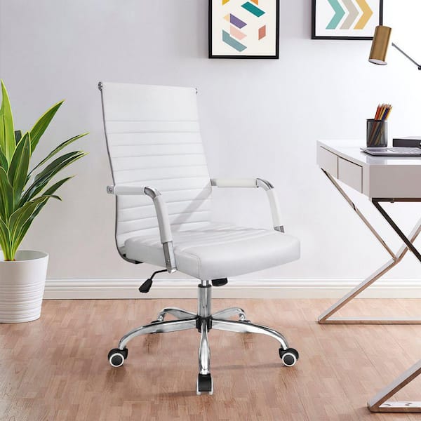 LACOO White Ribbed Office Mid-Back PU Leather Executive Task Chair