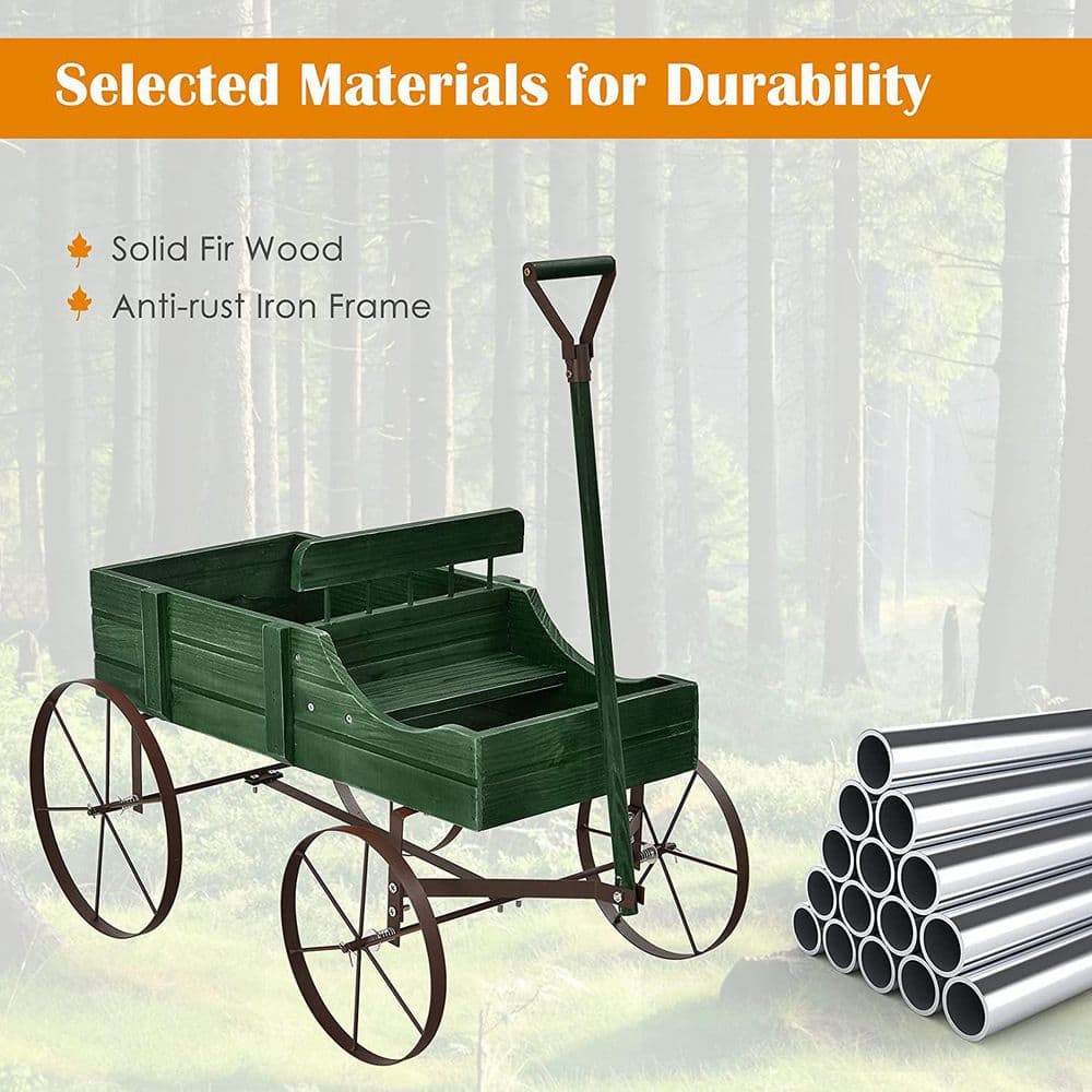 Green Fir Wood Wagon Planter with Metal Wheels