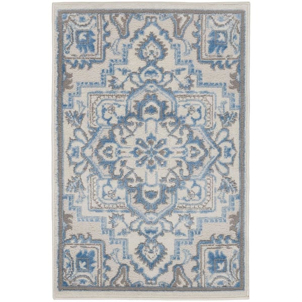 Nourison Elation Ivory Blue doormat 2 ft. x 3 ft. Center Medallion Traditional Kitchen Area Rug