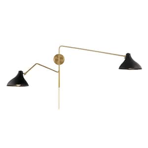 86 in. W x 20.5 in. H 2-Light Matte Black and Natural Brass Adjustable Wall Sconce with Matte Black Metal Shades