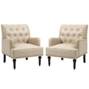 Mid-Century Vintage Nailhead Trim Beige PU Upholstered Accent Armchair With Solid Wood Legs(Set of 2)