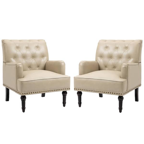 Uixe Mid-Century Vintage Nailhead Trim Beige PU Upholstered Accent Armchair With Solid Wood Legs(Set of 2)