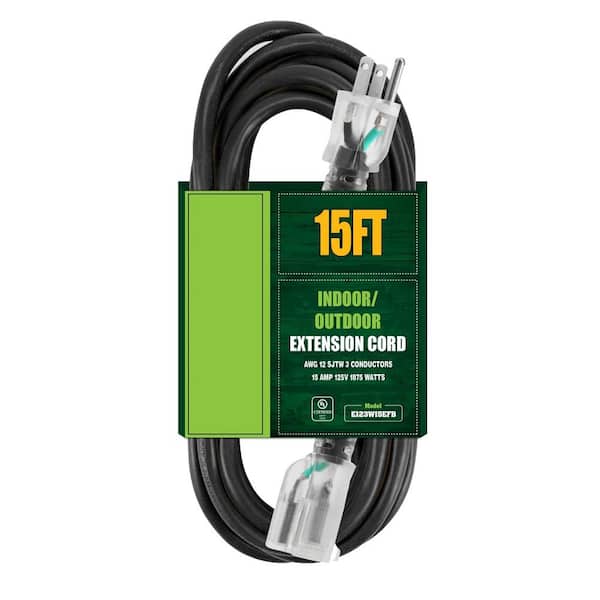 15 ft. 12 / 3-Heavy Duty Indoor/Outdoor Extension Cord with 3-Prong Grounded Plug 1-Conductor, Black (1-Pack)