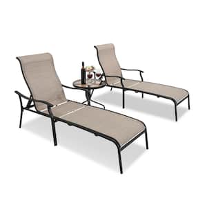 Brown 3-Piece Patio Textilene Metal Chaise Lounge Set with Glass Coffee Table