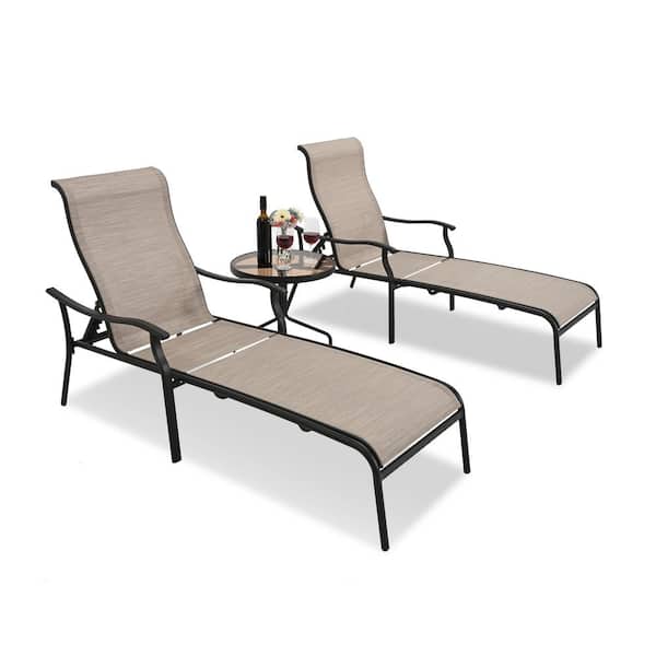 EGEIROSLIFE Brown 3-Piece Patio Textilene Metal Chaise Lounge Set with Glass Coffee Table