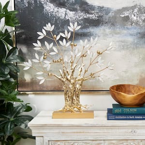 3 in. x 24 in. Gold Metal Metallic Tree Sculpture with White Leaves