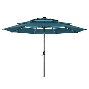 10 ft. 3-Tier Patio Market Umbrella with Solar LED Lights AutoTilt and Crank in Mixed Blue-Green