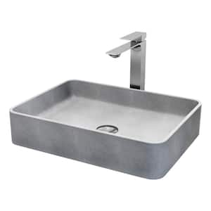 Concreto Stone Rectangular Vessel Bathroom Sink and Faucet in Brushed Nickel