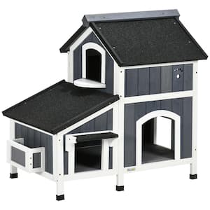 Outdoor Cat House with Weather-resistant Roof & Garden Bed, Outdoor Cat Shelter Enclosure with Multiple Entrances, Gray