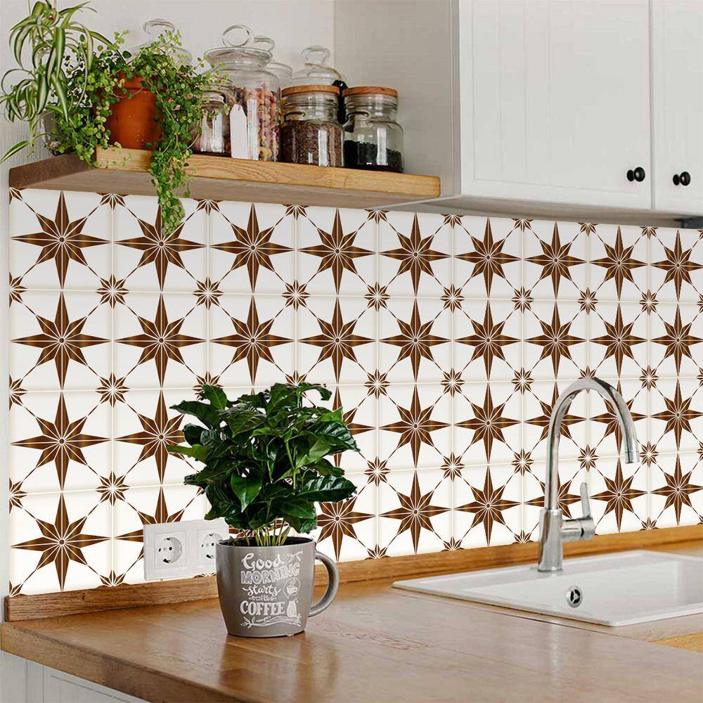 Brown and White Star Shaped Vinyl Peel and Stick Tile Set