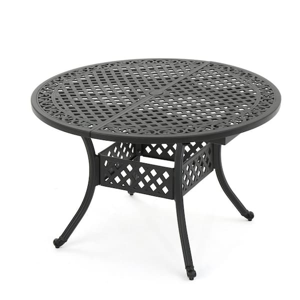 61 in. Black Metal Round Expandable Outdoor Dining Table with Umbrella Hole