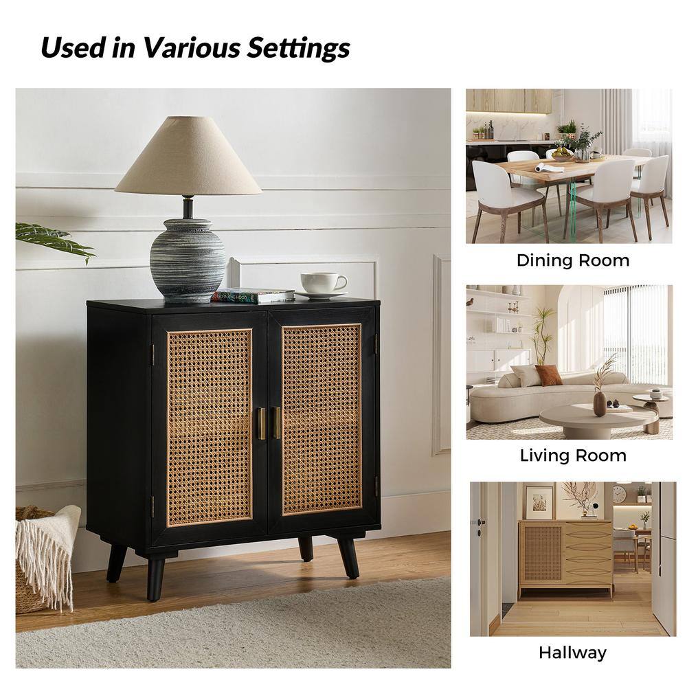 Black Medium Wood Accent Cabinet with Rattan Doors