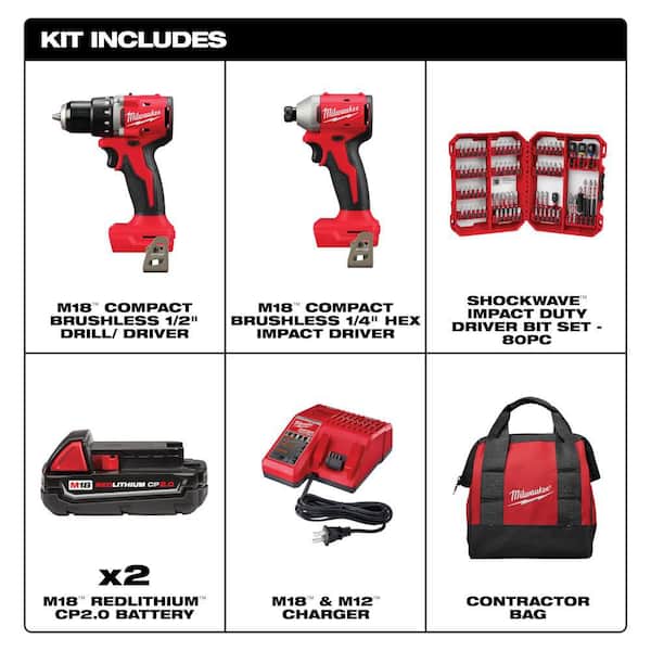 M18 18V Lith-Ion Brushless Cordless Drill/Impact Combo Kit (2-Tool) w/(2) 2.0 Ah Batteries, Charger, Bag, & Bit Set