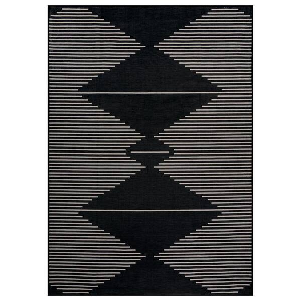 Aztec Stripe Machine Washable Polyester Non-Slip Backing 6 ft. x 9 ft. Black Area Rug