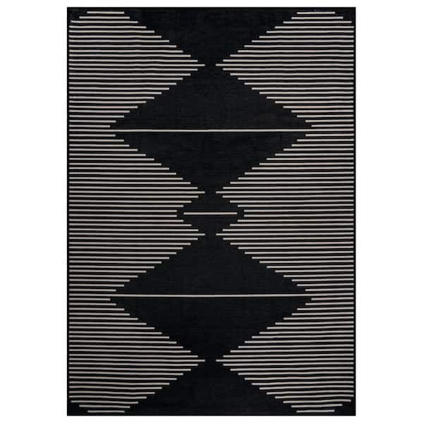 Aztec Stripe Machine Washable Polyester Non-Slip Backing 8 ft. x 10 ft. Black Area Rug