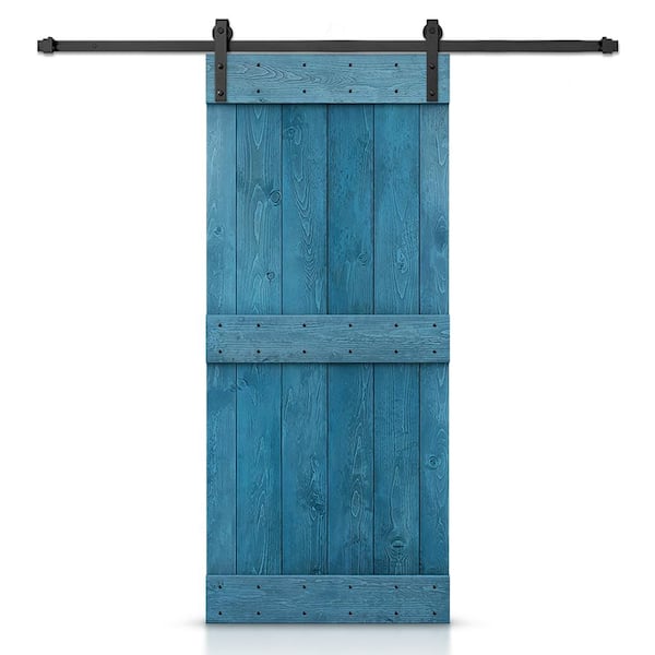 CALHOME 26 in. x 84 in. Mid-Bar Series Ocean Blue Stained DIY Wood Interior Sliding Barn Door with Hardware Kit