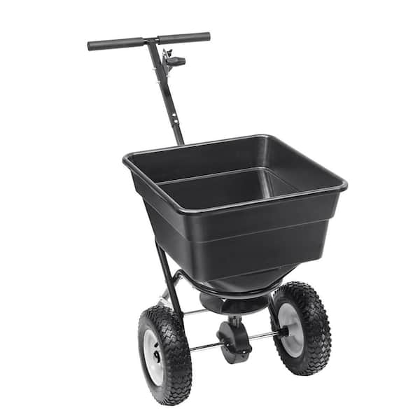 SKYSHALO Broadcast Spreader, 100 lbs. Walk-Behind Turf Spreader with 12 in. Wheels, Garden Seeder, Steel Push Fertilizer Spreader