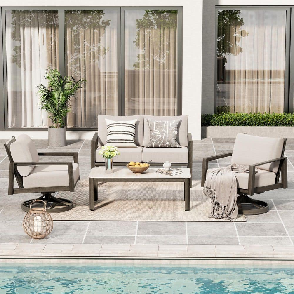 Nest Luxe 4-Piece Brown Aluminum Patio Conversation Set Swivel Chairs with Sunbrella Light Gray Cushions Coffee Table price history on PriceWatchPro