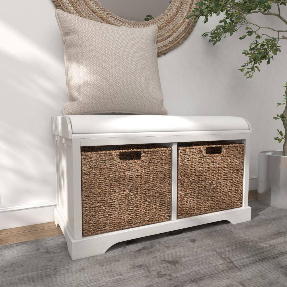 Elegant White Linen Cushioned Storage Bench with Wicker Baskets