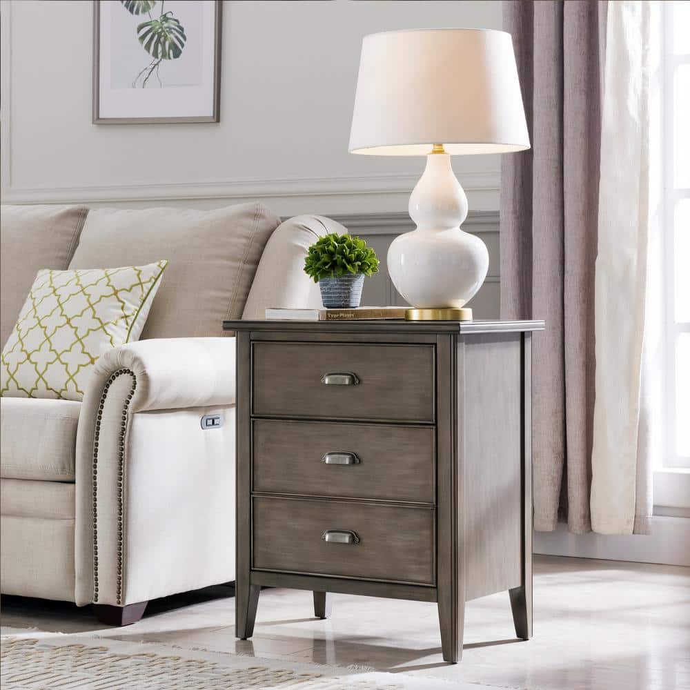 Laurent Smoke Gray Solid Wood Nightstand with USB-C Charging Station