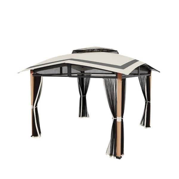 11 ft. x 11 ft. Metal Outdoor Gazebo with Double Roof, Beige Canopy and Mosquito Netting