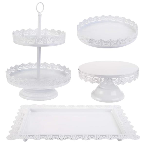 White Metal Tiered Dessert Stand and Display Tray Set with Lace Edge Detail for Parties (Set of 4)