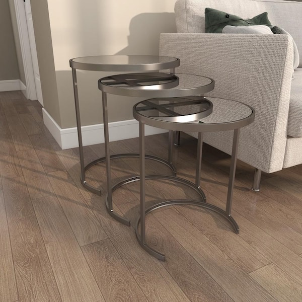 18 in. Silver Nesting Large Round Mirrored End Accent Table with Mirrored Glass Top (3- Pieces)