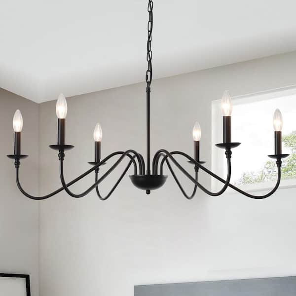 6-Light Matte Black Vintage Candle Style Chandelier for Dinning Room Kitchen Island with No Bulbs Included