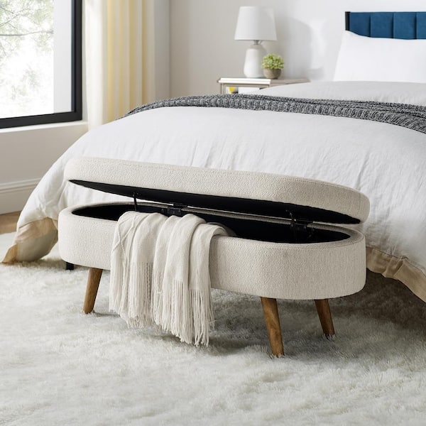 Beige 43.5 in. Bedroom Bench Oval Storage Bench Ottoman with Wood Legs for Entryway Living Room