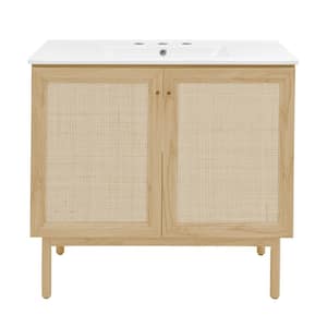 Classe 36 in. Natural Oak Bathroom Vanity in White with 3-Hole Ceramic Sink Top