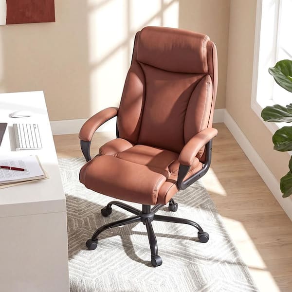Faux Leather Swivel Ergonomic Office Executive Chair Computer Chair in Brown with Wheels, Headrest and Rocking Backrest