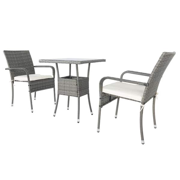 HOTEBIKE 3-Piece Wicker Patio Conversation Outdoor Furniture Set, White Cushions, Tempered Glass Top for Garden Lawn Backyard