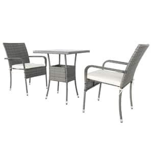 3-Piece Wicker Patio Conversation Outdoor Furniture Set, White Cushions, Tempered Glass Top for Garden Lawn Backyard