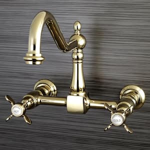 Victorian Solid Cross 2-Handle Wall-Mount Kitchen Faucet in Polished Brass