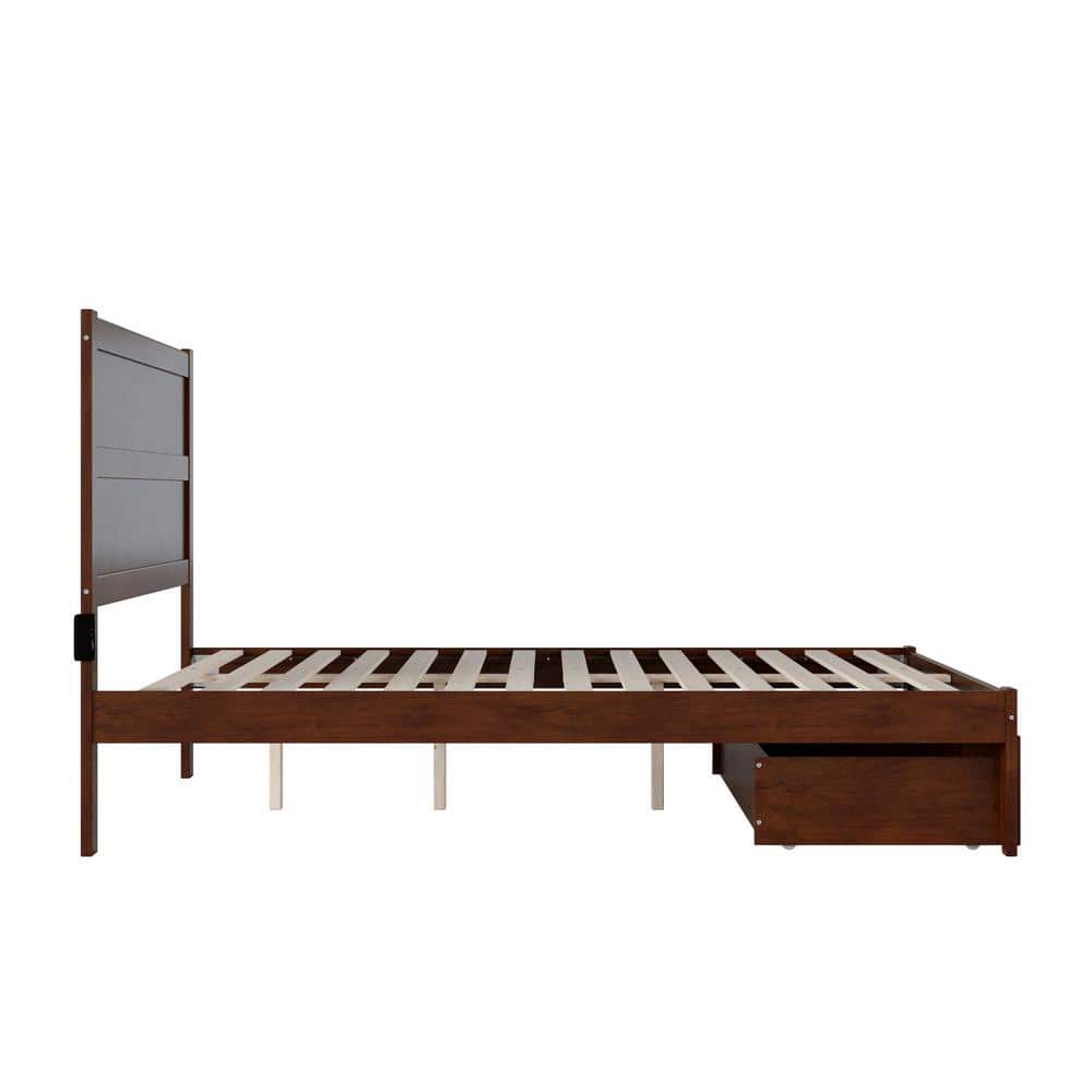 Walnut Queen Wood Platform Bed with Foot Drawer