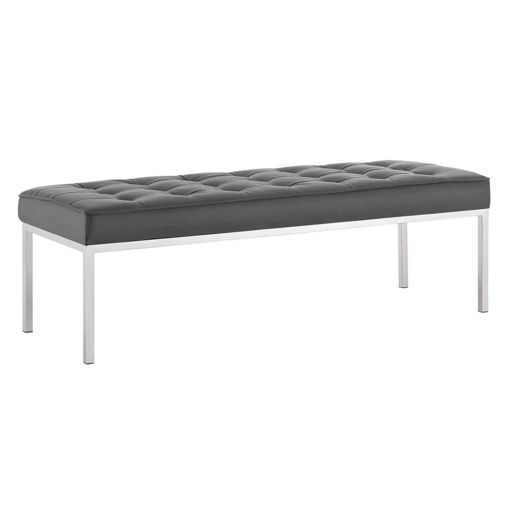 Silver Gray Tufted Faux Leather Bench with Stainless Steel Legs