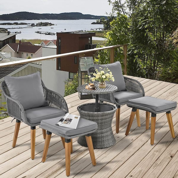 Nestfair 5-Piece Metal Frame Patio Conversation Set with Wicker Cool Bar Table, Ottomans and Gray Cushions