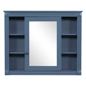 35 in. W x 28.7 in. H Blue Rectangular Wall Mounted Medicine Cabinet with Mirror and 6 Open Shelves, Soft-Close Hinges