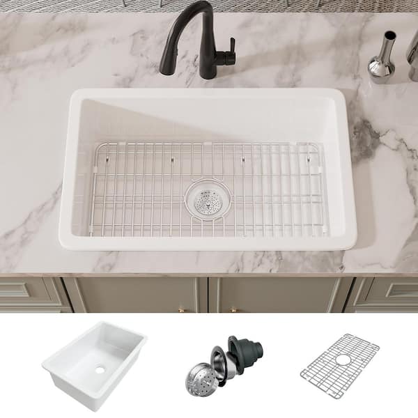 Eridanus Oslo 32 in. Drop-In/Undermount Single Bowl in Crisp White Fireclay Kitchen Sink with Botton Grid and Basket Strainer