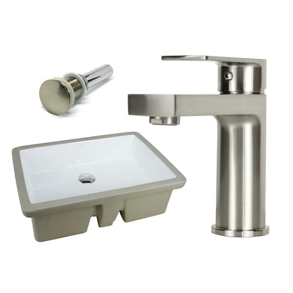 Kingsman Hardware 22-1/8 in. Rectangle Undermount Vitreous Glazed Ceramic Sink with Brushed Nickel Bathroom Faucet /Pop-up Drain Combo