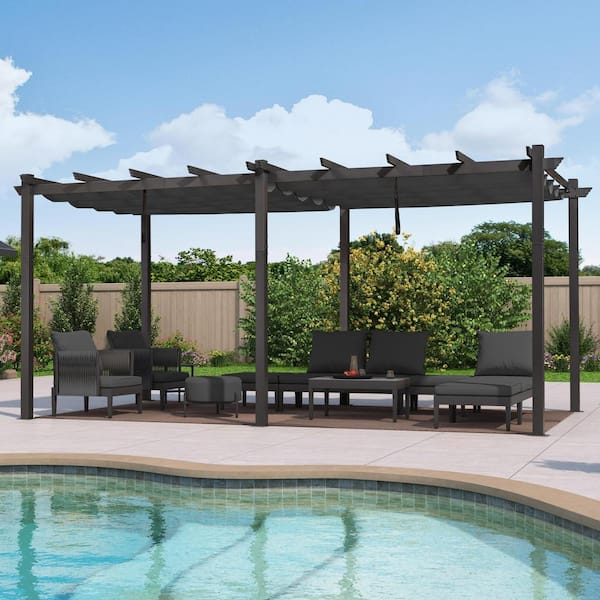 12 ft. x 18 ft. Gray Aluminum Frame Outdoor Patio Pergola Gazebo with Gray Retractable Sun Shade Canopy for Porch