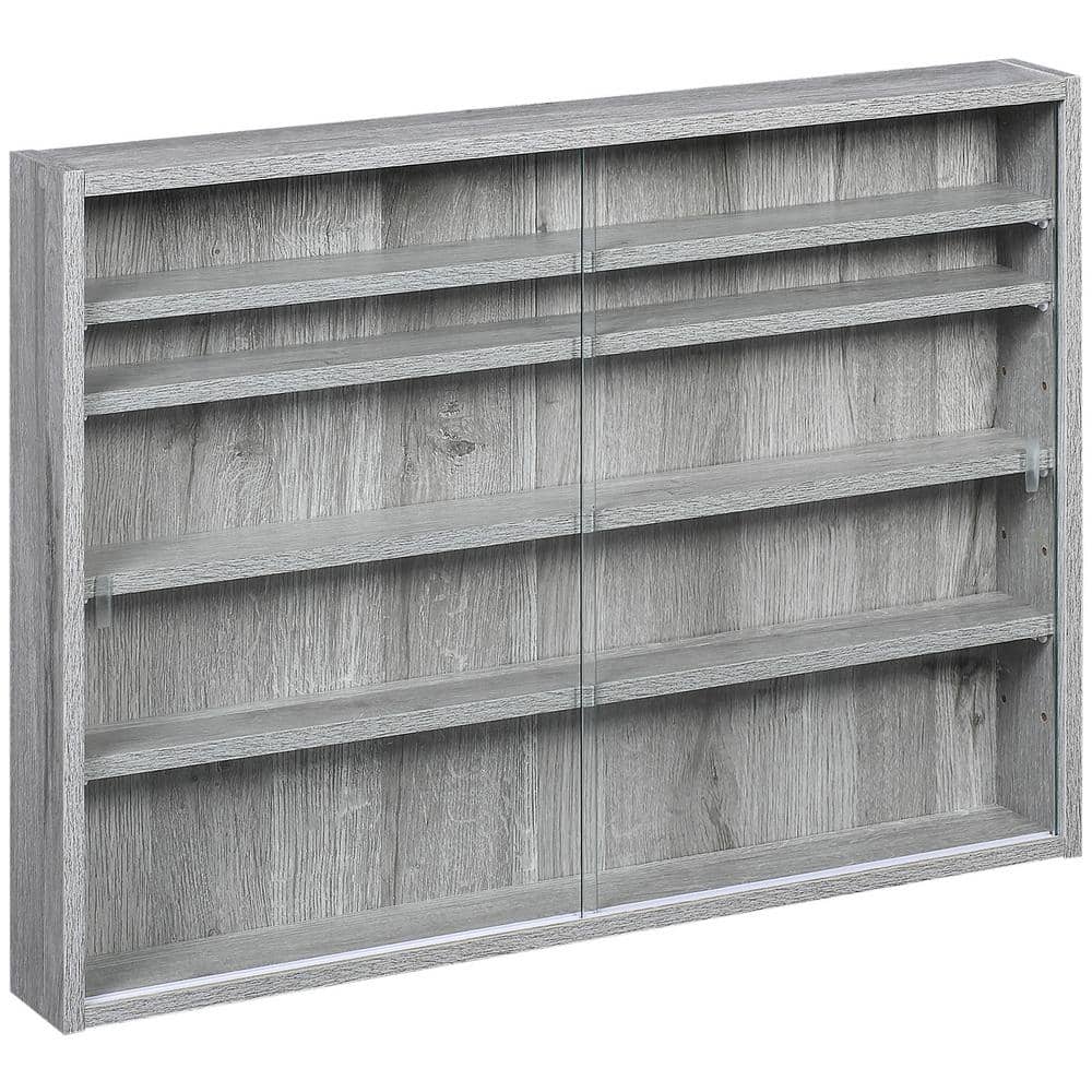 Gray Wood 5-Tier Wall-Mounted Display Cabinet with Glass Doors
