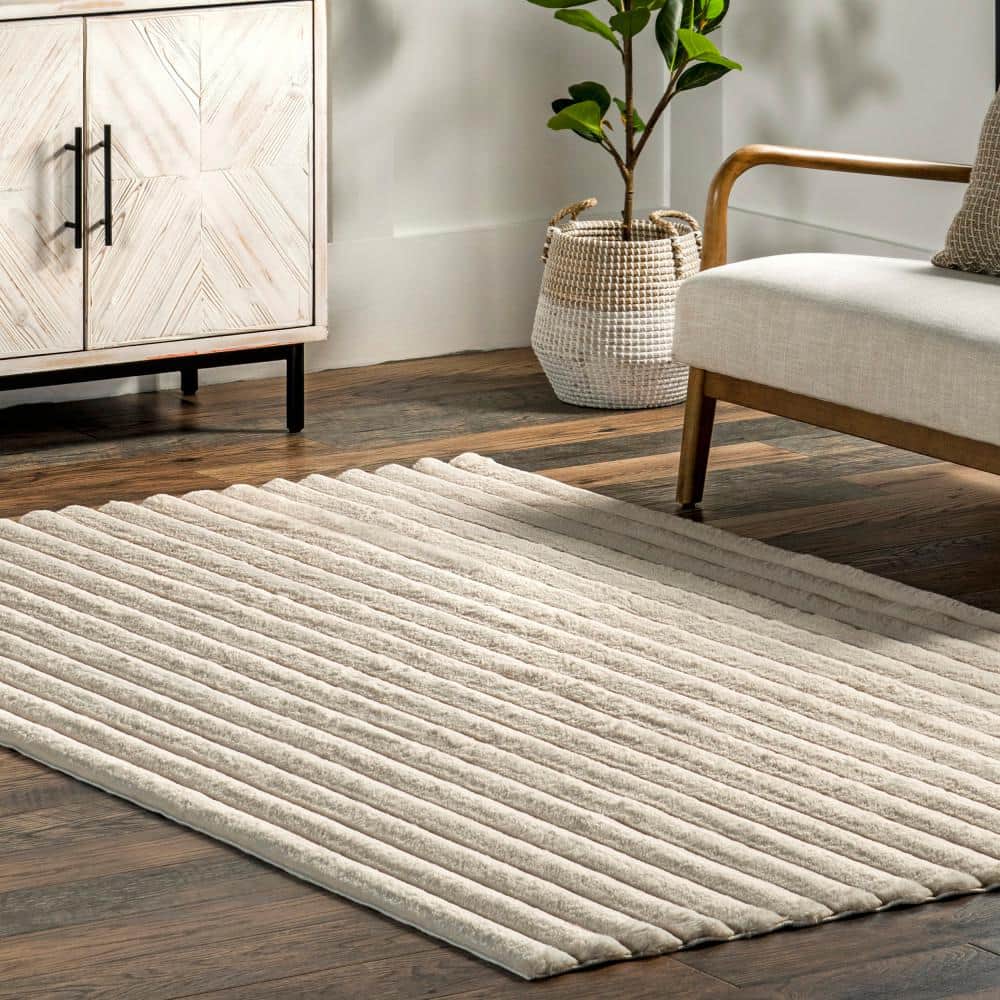 Kai Beige Faux Rabbit Fur Machine Washable Runner Rug