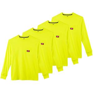 Men's 2X-Large High Visibility Heavy-Duty Cotton/Polyester Long-Sleeve Pocket T-Shirt (4-Pack)