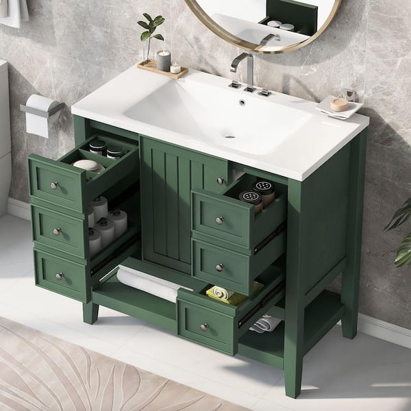 36 in. W x 18 in. D x 34.1 in. H Freestanding Bath Vanity in Green with White Ceramic Top Single Basin Sink & Storage