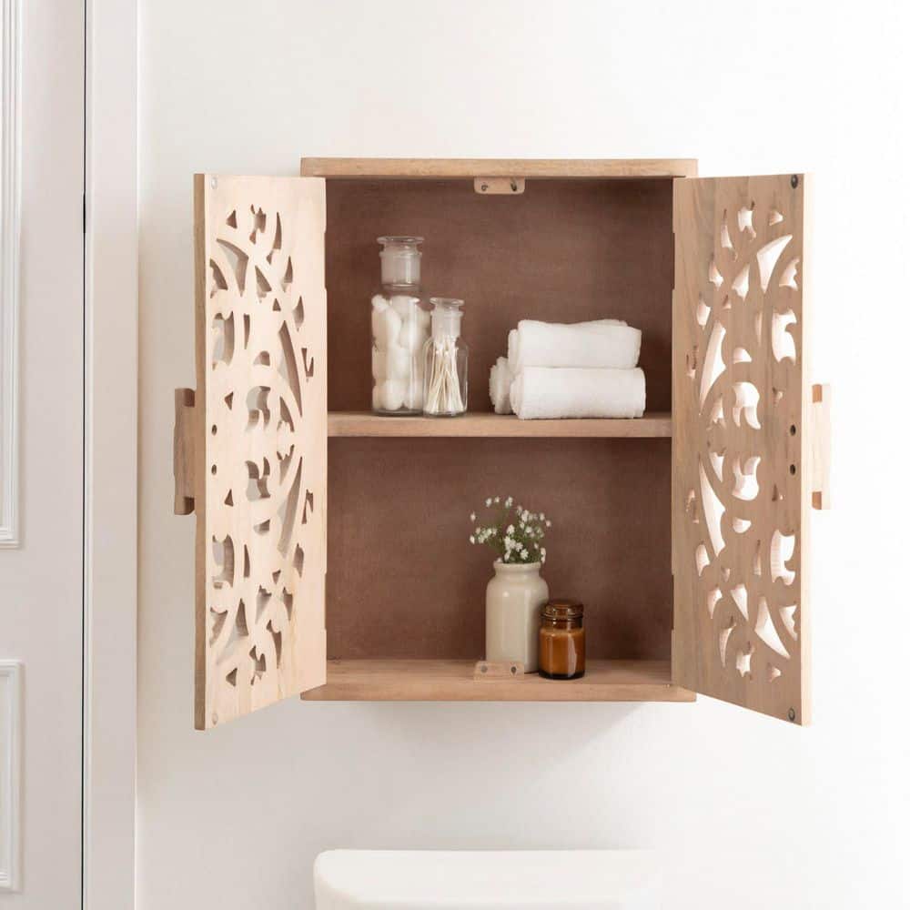 Saanvi Light Natural Mango Wood Carved Wall Cabinet, 20" x 6" x 20"