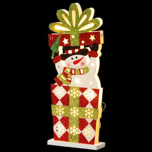 Pre-Lit 17 in. Wooden Gift Box Snowman